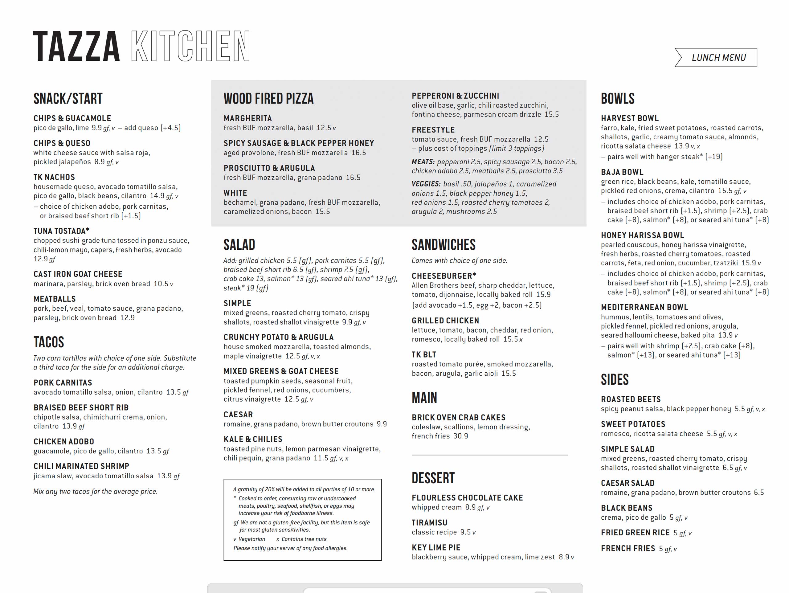 TK NC Lunch Menu